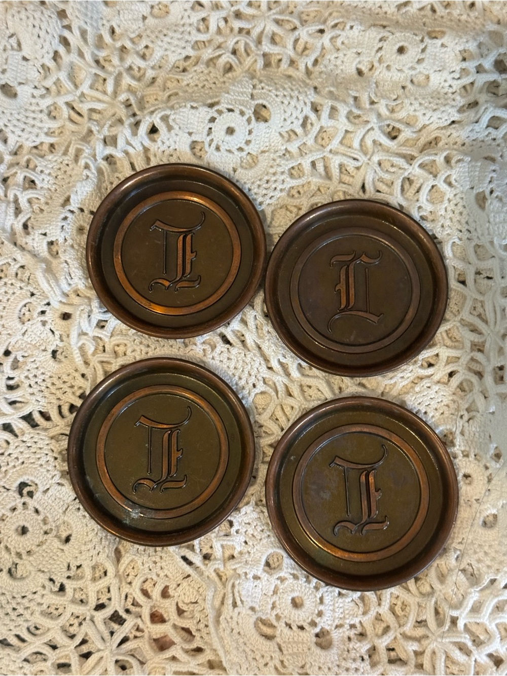 Vintage Set of 4 Brass Copper Monogram L Coasters Mid Century Barware
